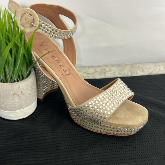 Anthropologie Vicenza Beige Platform Sparkly Ankle Straps High Heels - 4.5” - Picture 3 of 8